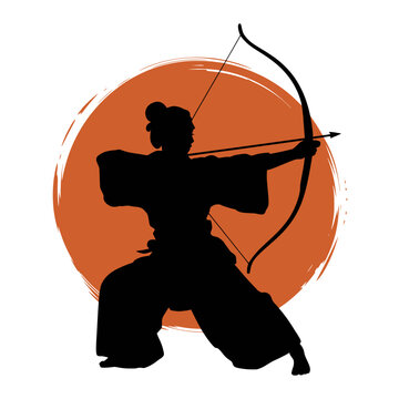 Japanese archer silhouette with sun circle background, Silhouette of a traditional Japanese archer drawing a bow, set against a bold red sun, symbolizing kyudo, discipline, and focus.

