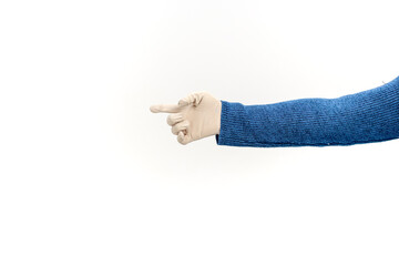 Hand in a surgical glove pointing left, medical professional concept for healthcare and guidance,...