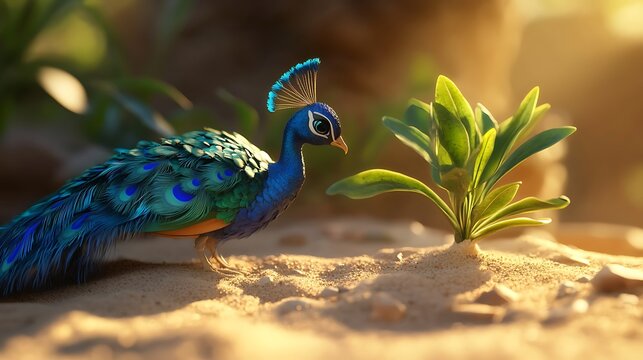 Captivating peacock wanders near desert plant in shimmering light and calm nature.
