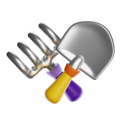 Gardening tools hand shovel and rake crossed with transparent background