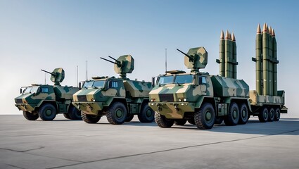 Camouflage military vehicles with missile launchers