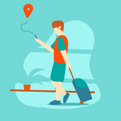 A man walking and using a map for navigation. Flat design illustration, suitable for travel, adventure, exploration, and tourism themes.