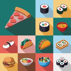 vector icons cooking food chef hat include a pizza slice, a sushi roll, spaghetti and meatballs, a curry bowl burger , fish 
