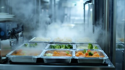 Steaming trays of fresh vegetables and rice offer nutritious meal options