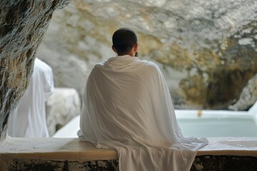 muslim man in ihram sitting