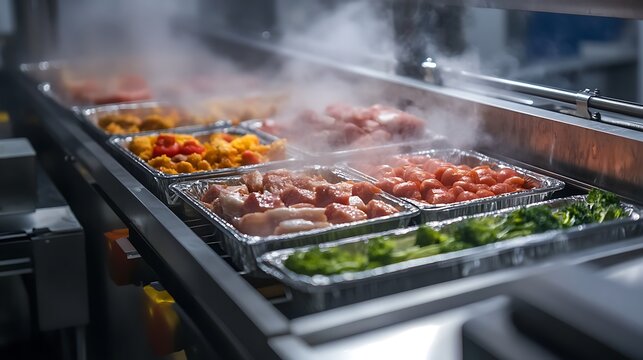 Steaming hot precooked meals sit in metal trays, ready for delivery or customer serving
