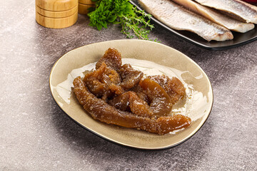 Herring roe snack in the plate
