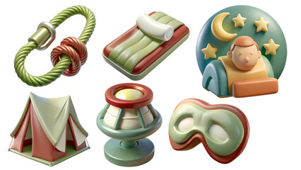 camping 3D icon set Camping equipment and accessories
