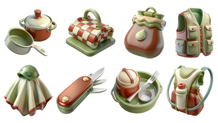 camping 3D icon set Cooking utensils and camping gear arranged in a grid layout.
