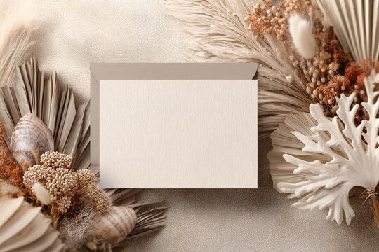 5x7 greeting card party invitation product mockup. Baby shower 1st birthday Christening gender neutral party. Styled against a boho Scandi theme beige and white background. Negative copy space. - Powered by Adobe