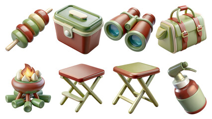 camping 3D icon set Camping gear and accessories collection.