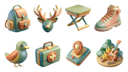 camping 3D icon set Collection of various illustrated camping and outdoor gear.