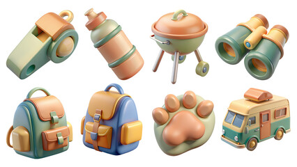 camping 3D icon set Assorted camping and outdoor gear illustrations