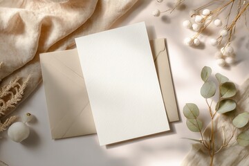 5x7 greeting card party invitation product mockup. Baby shower 1st birthday Christening gender neutral party. Styled against a boho Scandi theme beige and white background. Negative copy space.