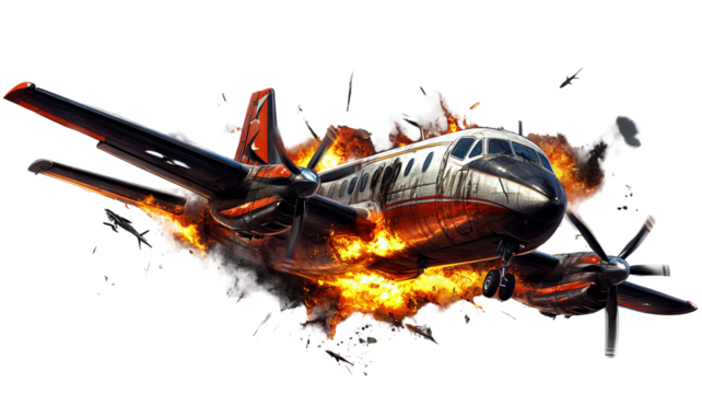Full-body turboprop aircraft engulfed in engine fire with extensive fuselage damage — high-resolution transparent PNG cutout ideal for aviation emergency illustrations and safety training graphics