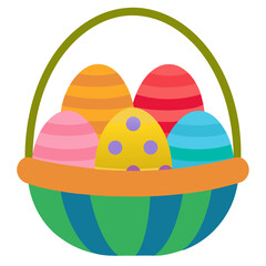 Colorful easter eggs in a striped basket with a green handle