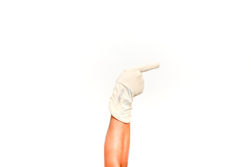 Hand in medical glove pointing to the right, isolated on a white background ready for your text or...
