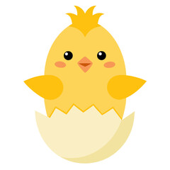 Cute cartoon baby chick hatching from a cracked eggshell