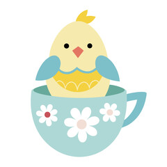 Cute yellow chick with blue wings sitting in a floral decorated teacup