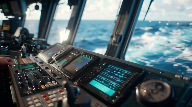 Ship captain navigating a vessel with advanced electronic equipment and a sophisticated control panel on the bridge, ensuring a safe and efficient passage across the vast sea