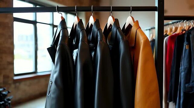 A stylish leather jacket hanging on a modern rack with an urban loft background, ideal for fashion branding