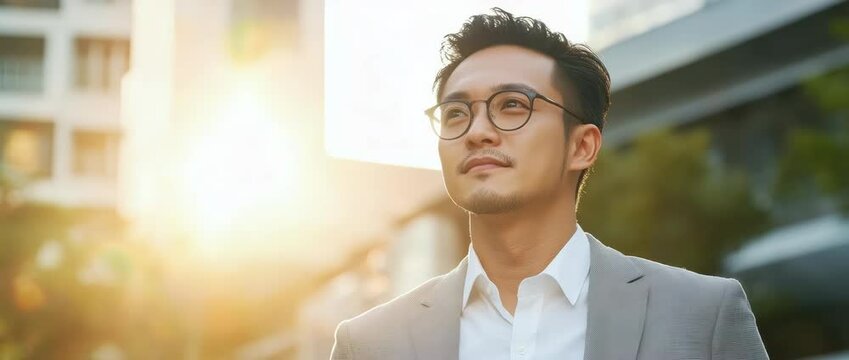 Confident young man wearing glasses and suit standing outdoors in sunlight with professional urban background, expressing calm, focus, and optimism in business environment