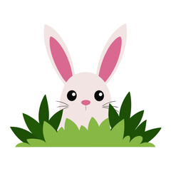 Cute cartoon bunny peeking out from behind green grass on white background