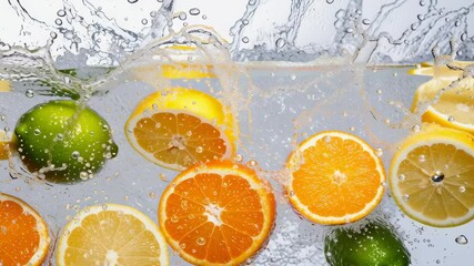 A bunch of oranges and lemons are in a glass of water. The water is splashing and the fruit is floating - Powered by Adobe