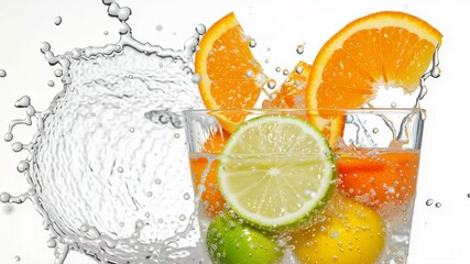 A glass of water with a splash of orange juice and a lime wedge. Concept of freshness and health, as the fruits are known for their nutritional benefits - Powered by Adobe