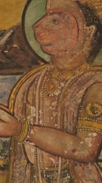Close-Up View on Hanuman. Frescoes On Wall Of Hanuman Temple In Jaipur, India. Religious Motifs From Life Of Hanuman Are Painted. Monkey-like Deity, Son Of Wind God Vayu. Hanuman Also Known As Maruti