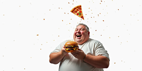 obese and loves pizza and hamburgers. Loves to eat. Food happiness. Diet. Metabolic syndrome. Health.