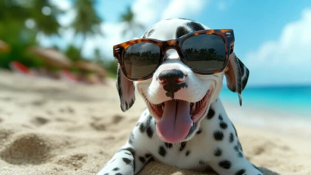 Dalmatian dog and puppy wearing sunglasses lying on sandy beach with ocean and blue sky background enjoying sunny summer day with happy playful animal pet by sand and ocean