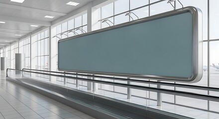 Airport Interior with Blank Billboard Above Moving Walkway, Bright Window Light