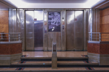 Opulent Art Deco interior architecture inside lobby, atrium or foyer on historic ocean liner style...