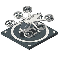 Futuristic air taxi flat vector illustration. Self driving passenger drone, driverless vtol. City travel, urban transportation. Flying cab delivery service © zi_zoup