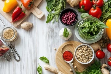 vegetables and spices on wooden board