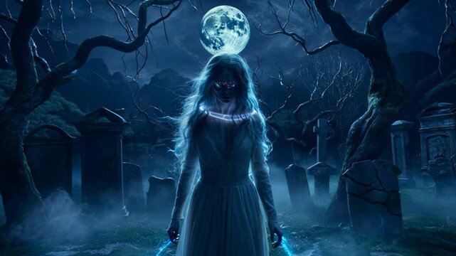 A terrifying ghost woman dressed in white walks towards the camera in a cemetery. The sky is dark and the moon is full. Terrifying video for Halloween.