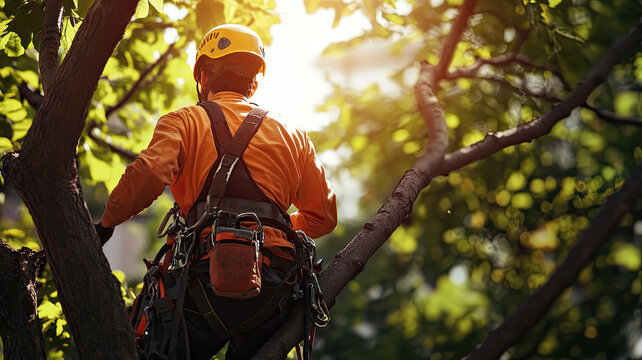 Arborist in climbing gear trims trees in a park. The worker is focused on cutting branches while secured with ropes. Green leaves surround the scene.