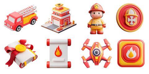 Fire department symbols and icons in 3D style isolated on transparent background