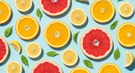 Sliced citrus fruits and mint leaves on a blue background
