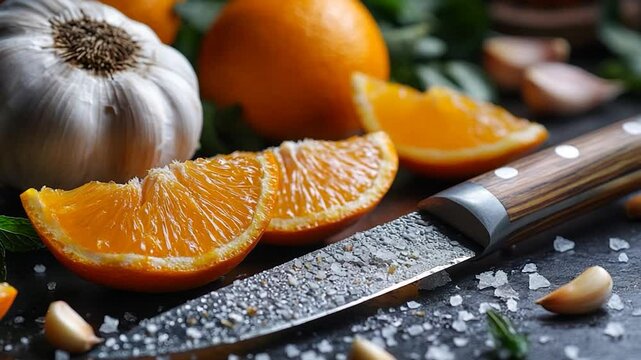 Orange slices and garlic on dark surface