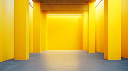 A bright yellow hallway with pillars and a gray floor leading to a brightly lit yellow wall