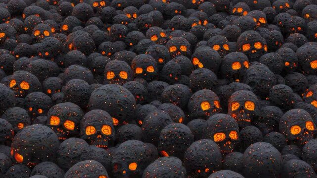 halloween concept. A large cluster of glowing, carved skulls appears illuminated from within, creating an eerie and fiery atmosphere.
