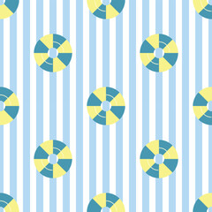 Yellow rubber ring on a stripe blue and white background. Summer seamless pattern for clothing, fabric, wallpaper, backdrop, home decoration, cover book, and wall art.