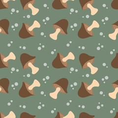 Brown mushrooms on a dark green background. Autumn seamless pattern for clothing, fabric, wallpaper, backdrop, home decoration, cover book, and wall art.