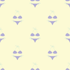 Purple bikini on a light yellow background. Summer seamless pattern for clothing, fabric, wallpaper, backdrop, home decoration, cover book, and wall art.