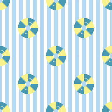 Yellow rubber ring on a stripe blue and white background. Summer seamless pattern for clothing, fabric, wallpaper, backdrop, home decoration, cover book, and wall art.