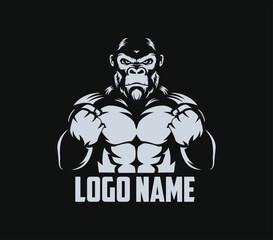 Powerful Muscular Gorilla with Fists Up - Fitness Gym Mascot Vector Logo