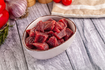 Raw beef meat cubes pieces
