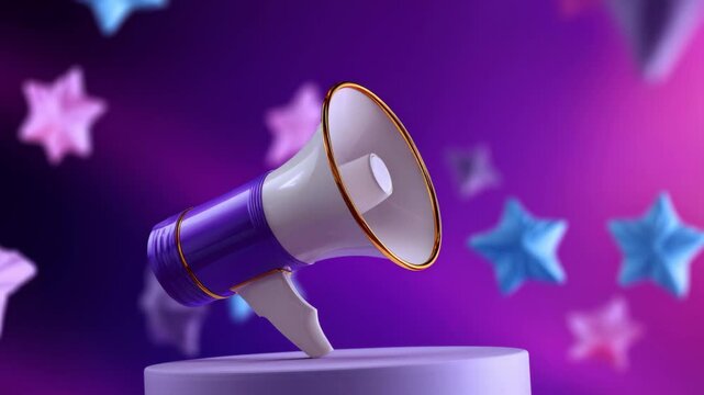 A striking, 3D rendering of a megaphone against a vibrant, star-studded background